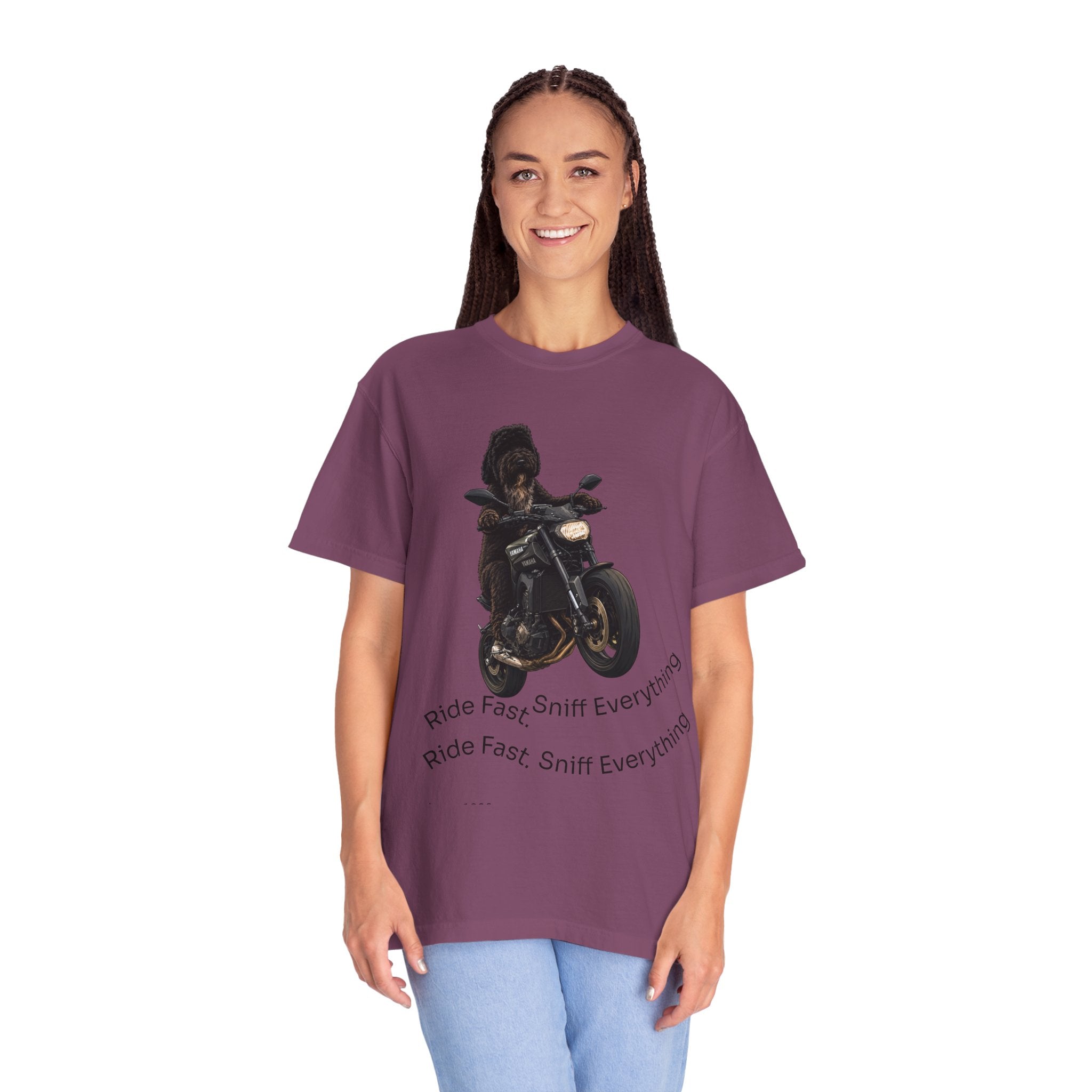 Dog Motorcycle Tee — "Ride Fast, Sniff Everything" Graphic T-Shirt