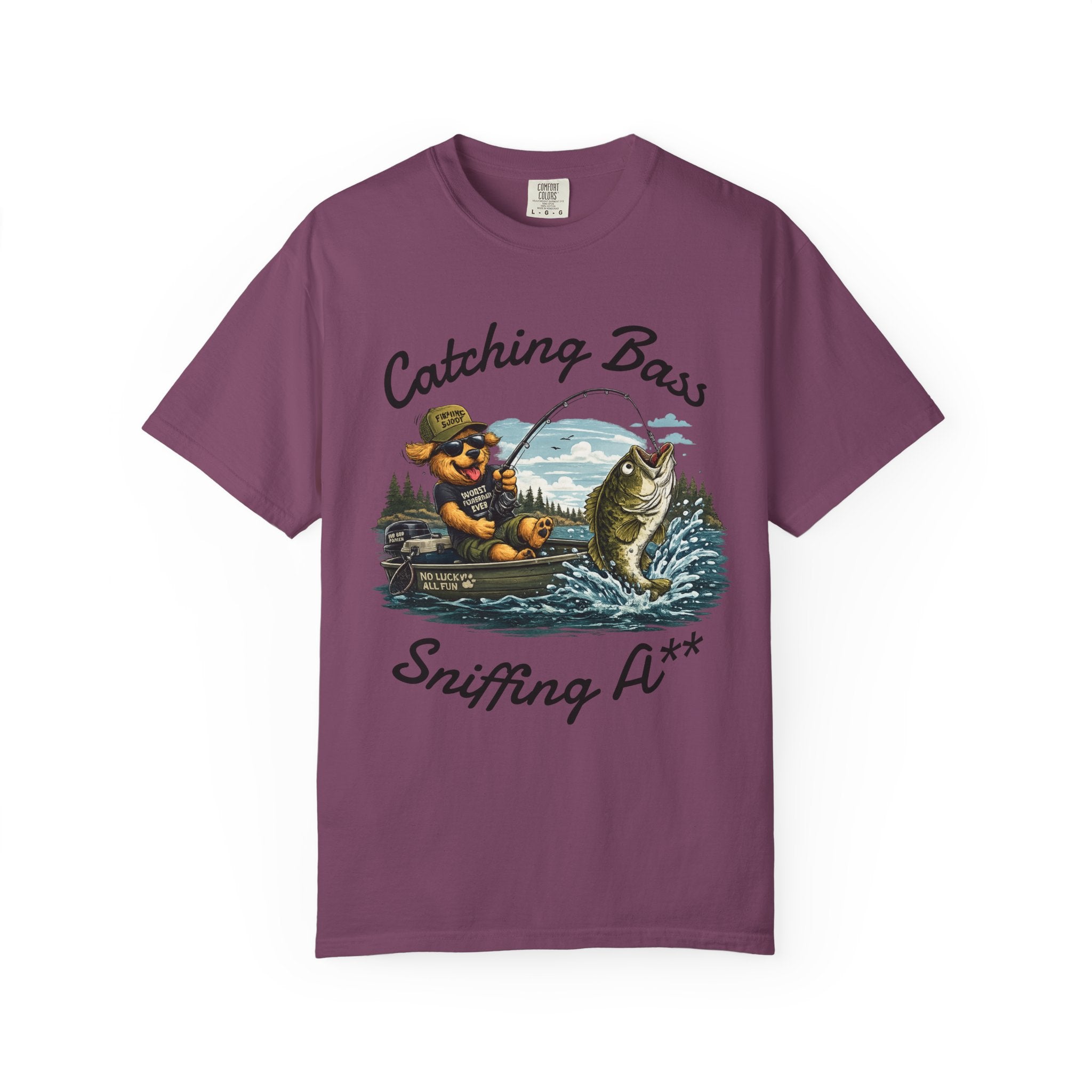 Fishing Dog T-Shirt — Cute Dog Angler in Boat Catching Big Bass