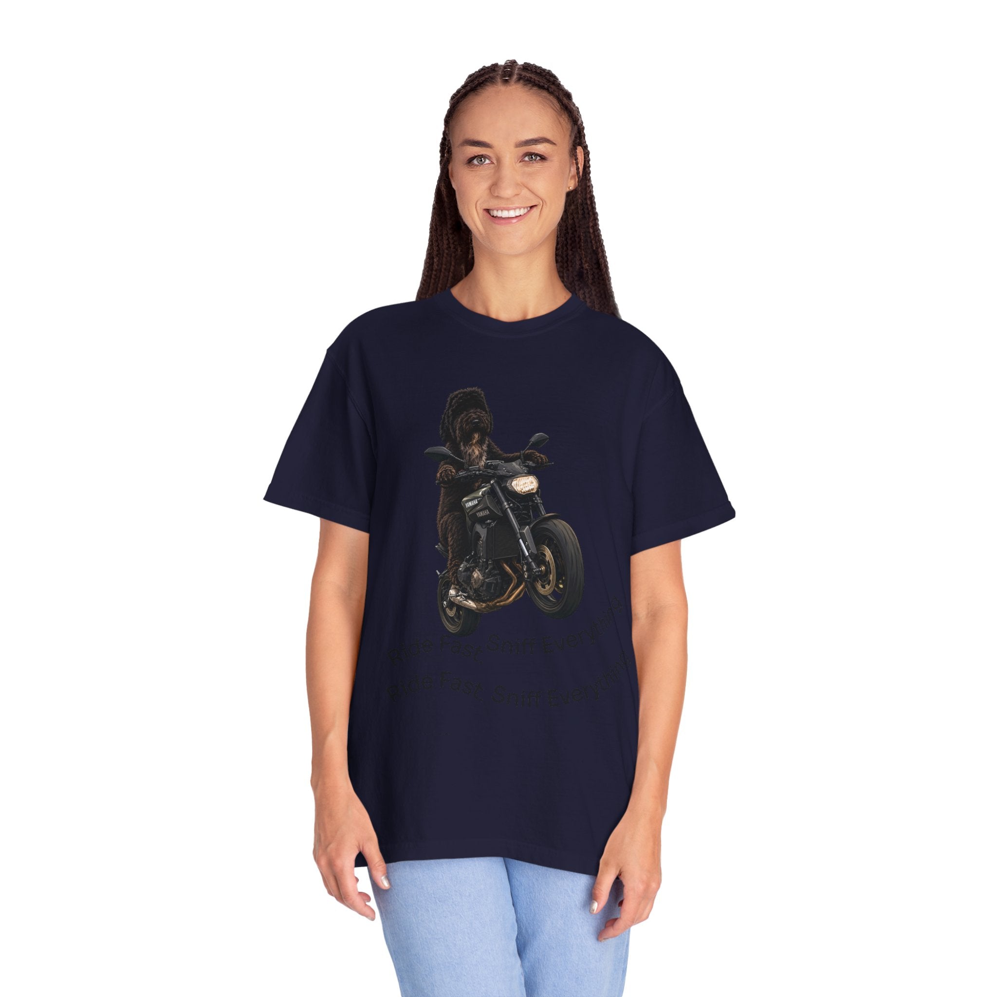 Dog Motorcycle Tee — "Ride Fast, Sniff Everything" Graphic T-Shirt