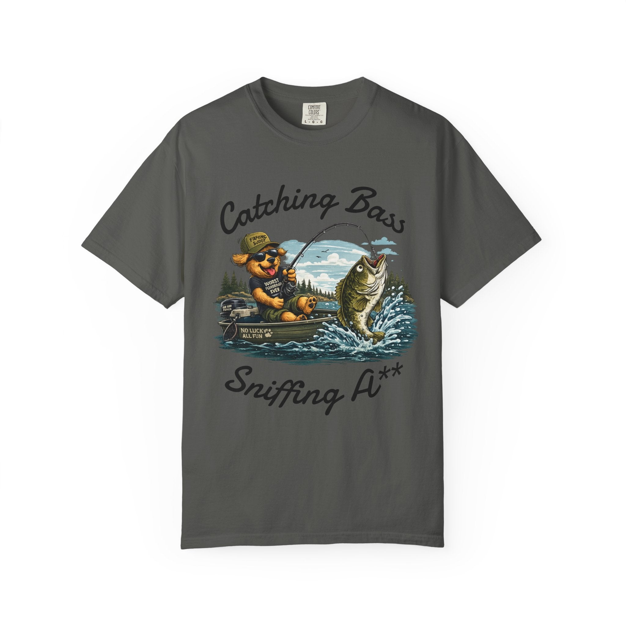 Fishing Dog T-Shirt — Cute Dog Angler in Boat Catching Big Bass