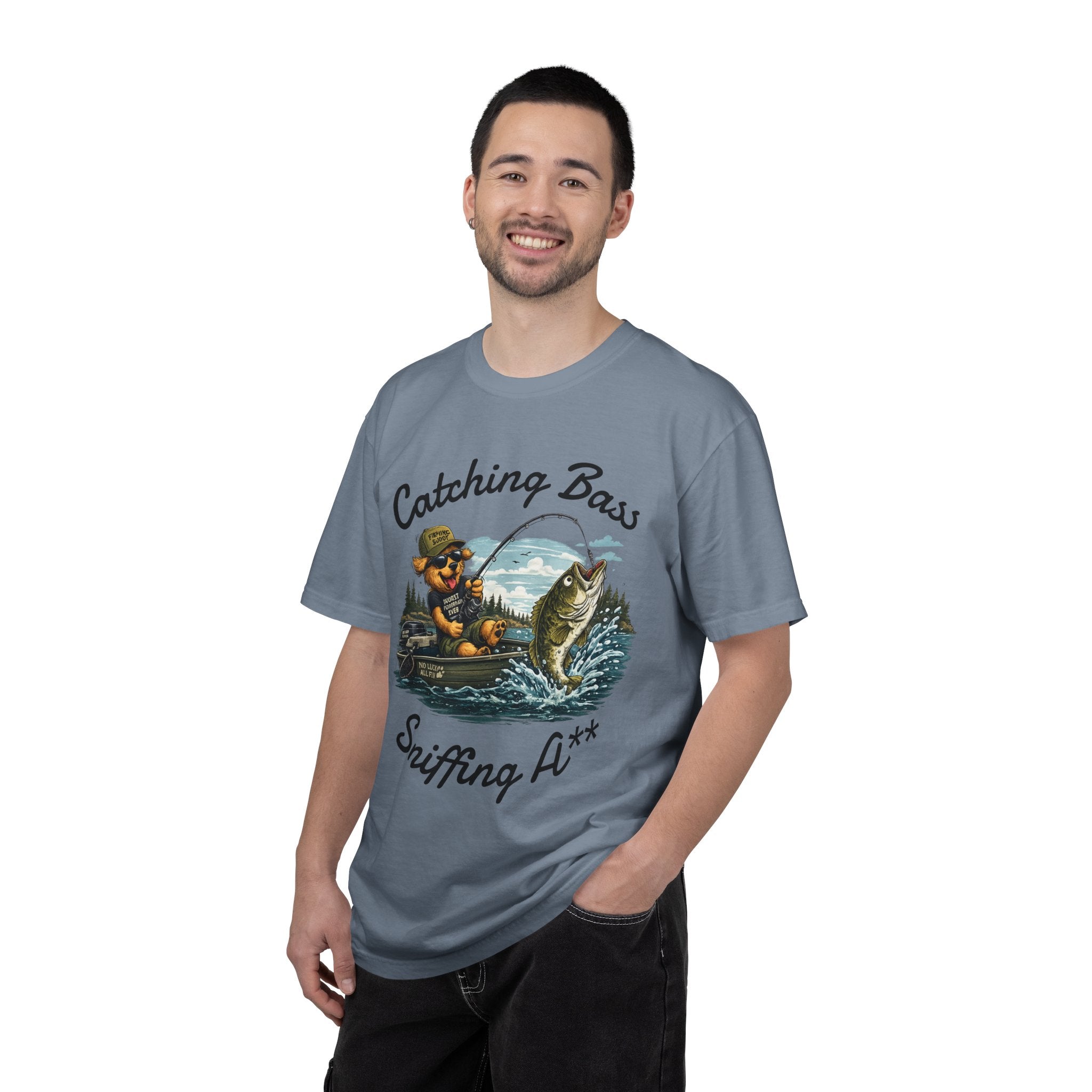 Fishing Dog T-Shirt — Cute Dog Angler in Boat Catching Big Bass