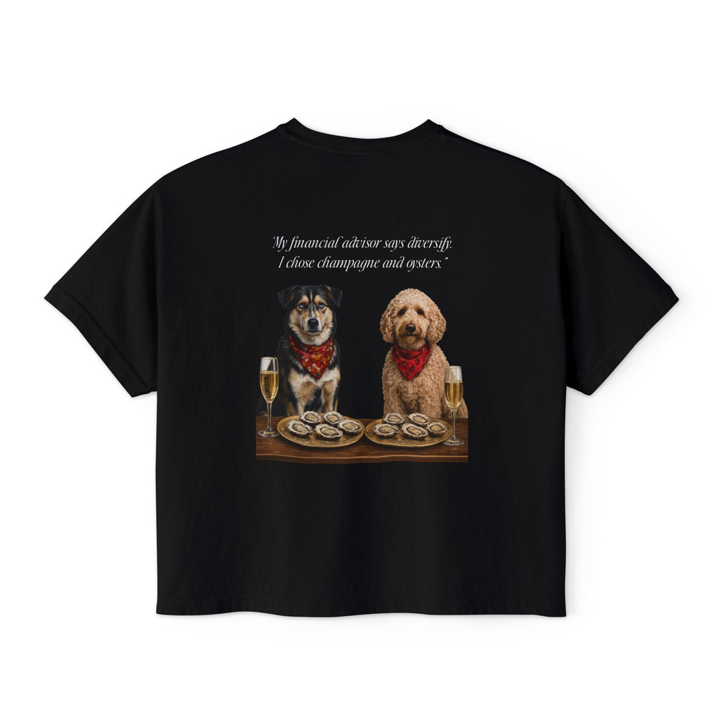 Barnshire CC "Champagne Dogs" Boxy Tee — Cute Dogs & Oysters Graphic