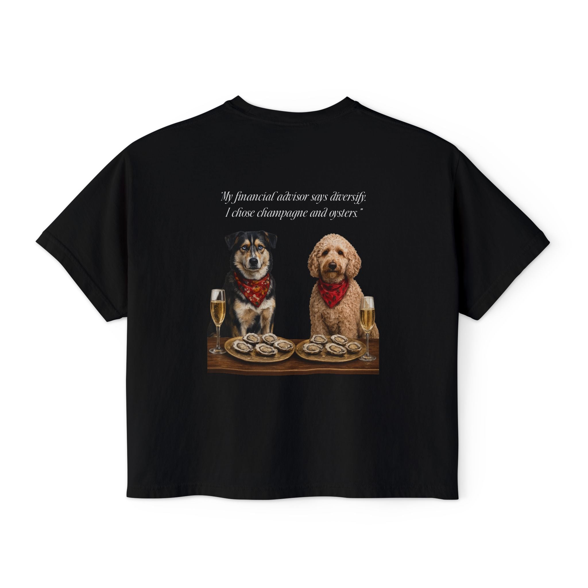 Barnshire CC "Champagne Dogs" Boxy Tee — Cute Dogs & Oysters Graphic