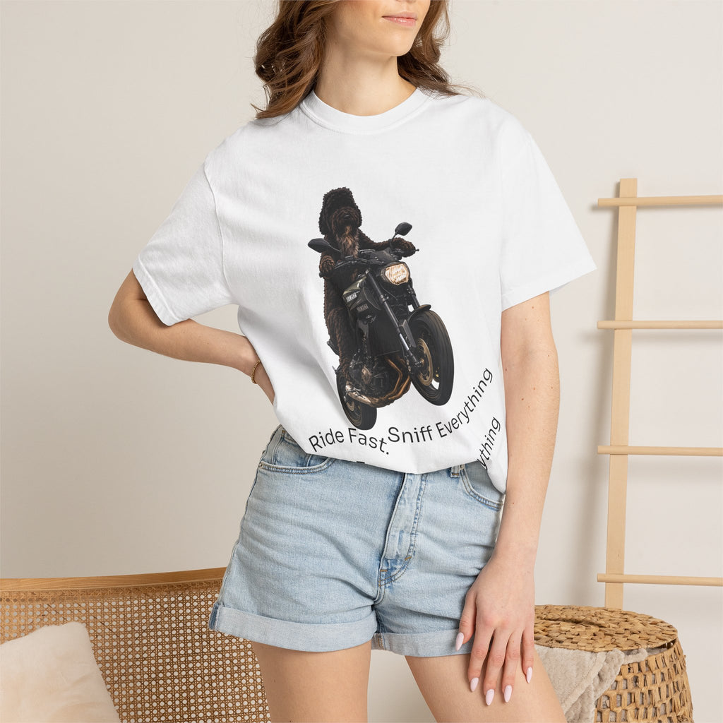 Dog Motorcycle Tee — "Ride Fast, Sniff Everything" Graphic T-Shirt