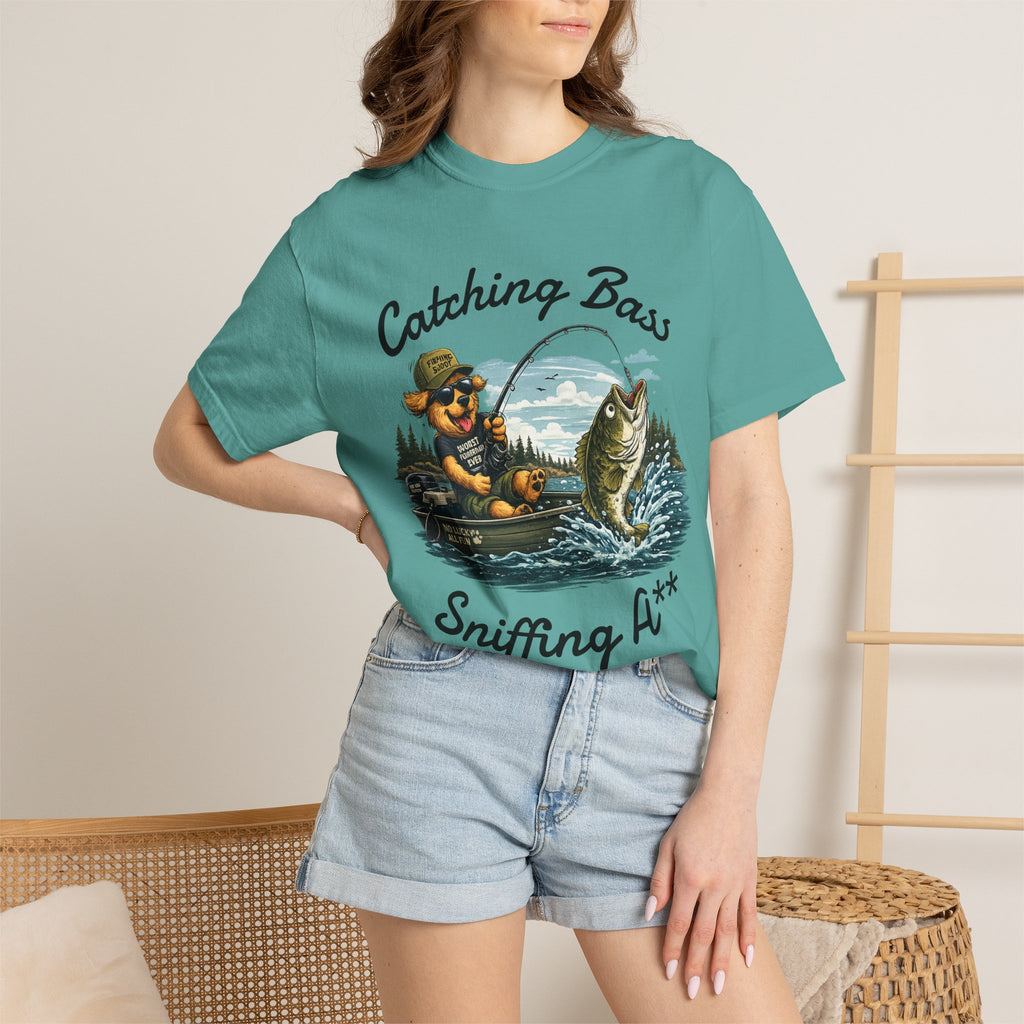 Fishing Dog T-Shirt — Cute Dog Angler in Boat Catching Big Bass