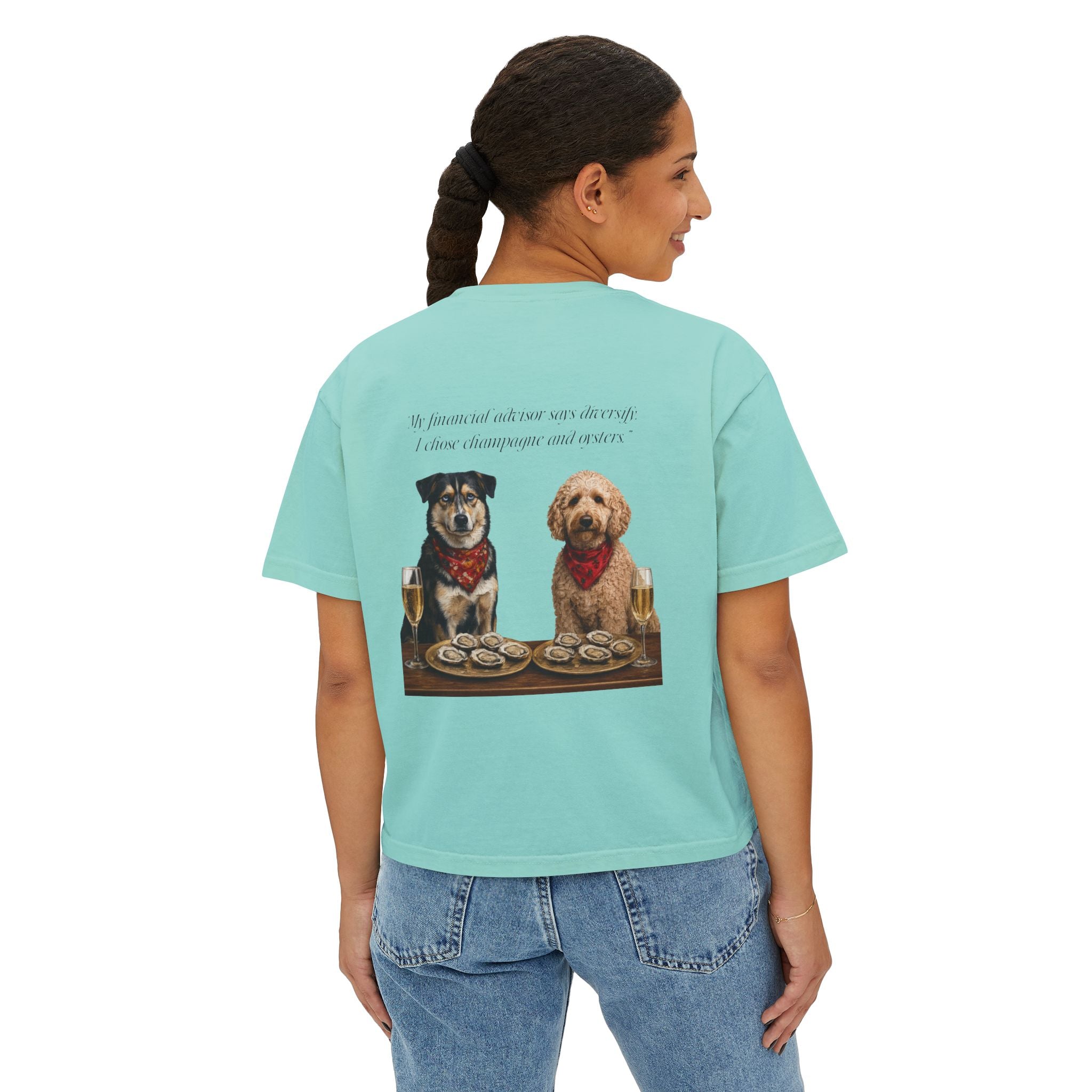 Barnshire CC "Champagne Dogs" Boxy Tee — Cute Dogs & Oysters Graphic