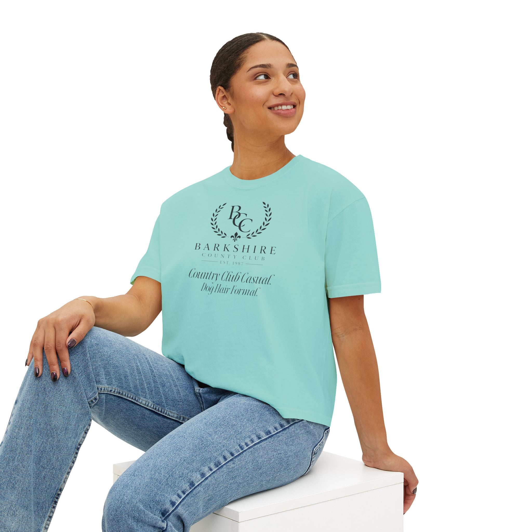 Barnshire CC "Champagne Dogs" Boxy Tee — Cute Dogs & Oysters Graphic