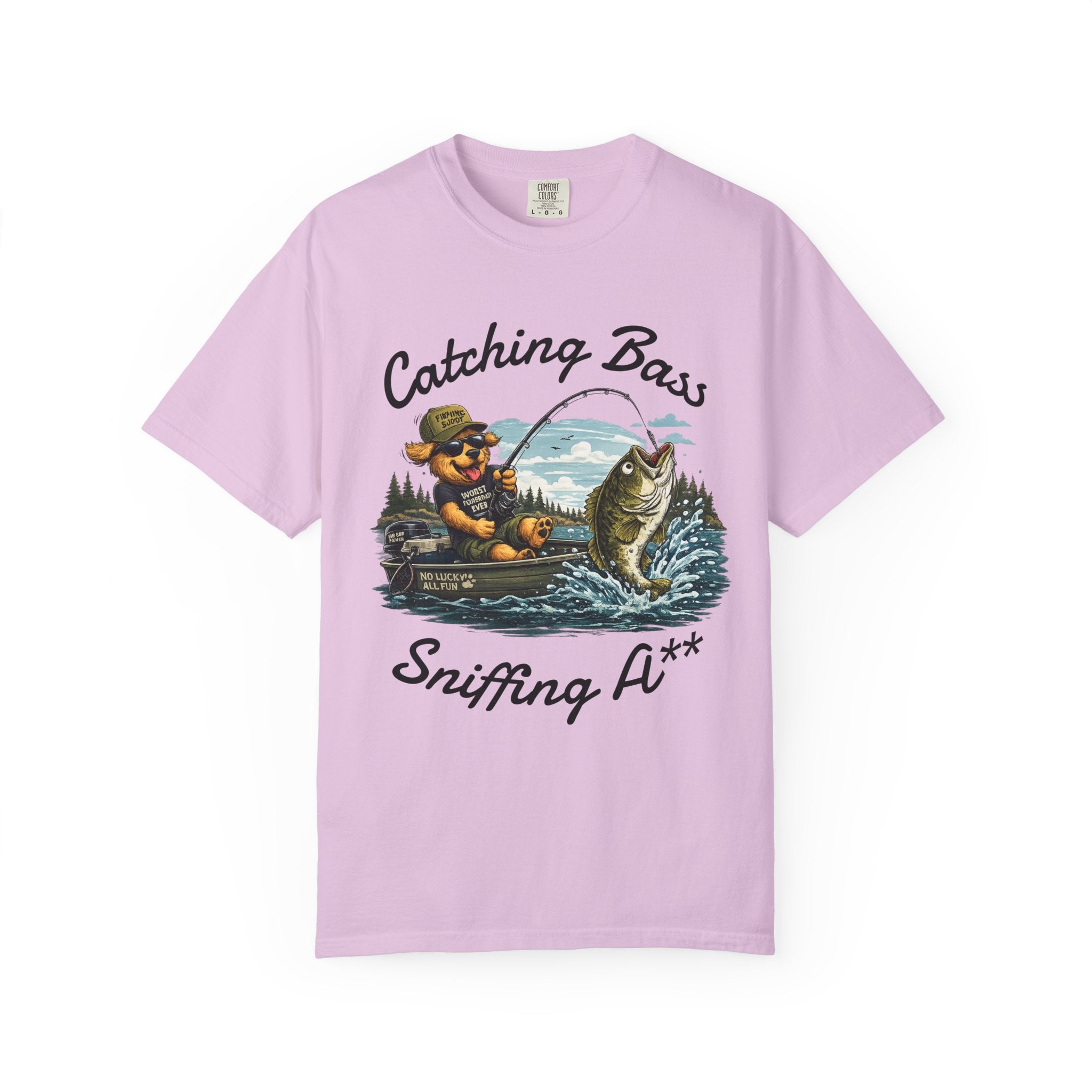 Fishing Dog T-Shirt — Cute Dog Angler in Boat Catching Big Bass