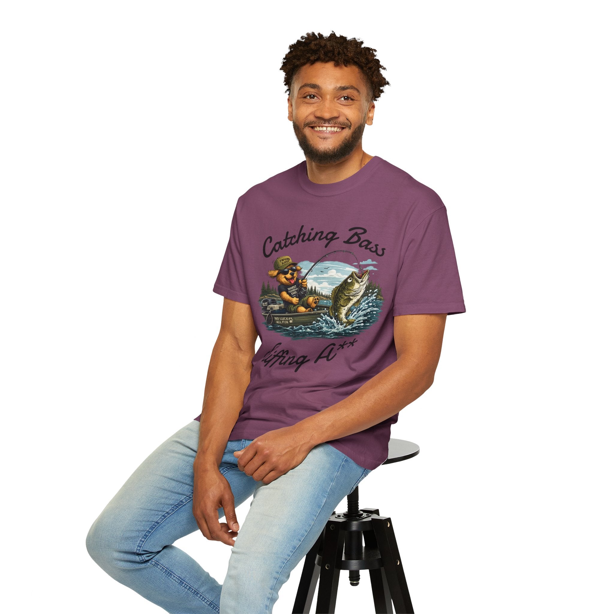 Fishing Dog T-Shirt — Cute Dog Angler in Boat Catching Big Bass