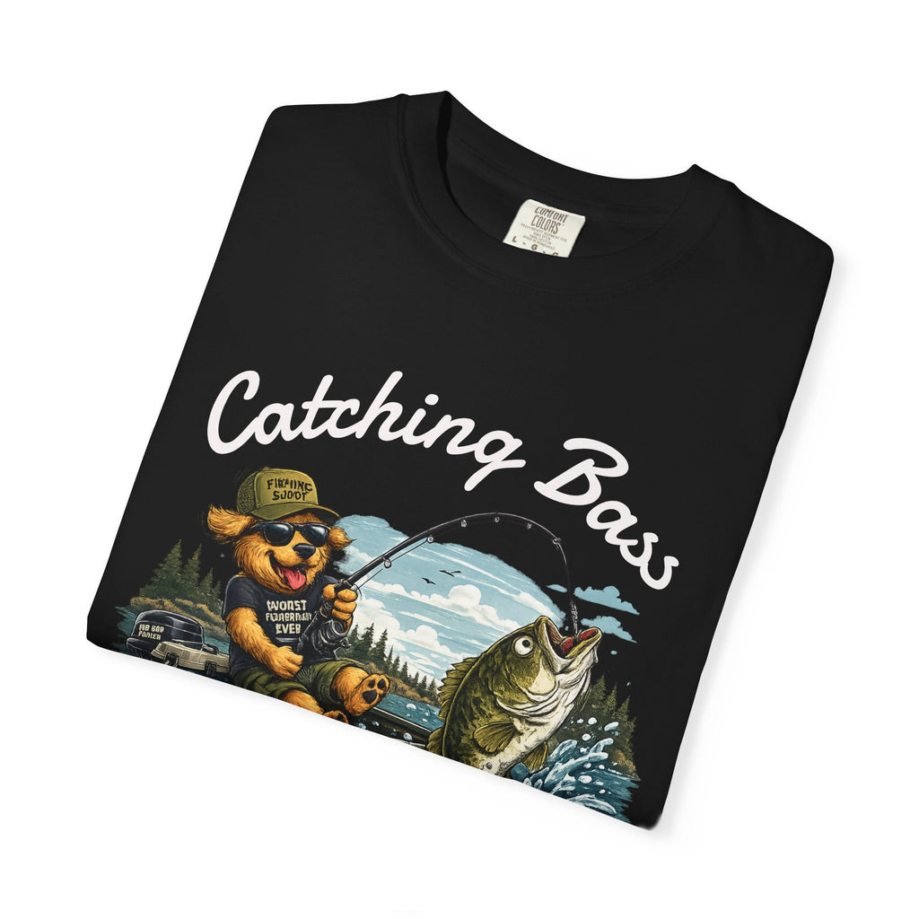 Fishing Dog T-Shirt — Cute Dog Angler in Boat Catching Big Bass