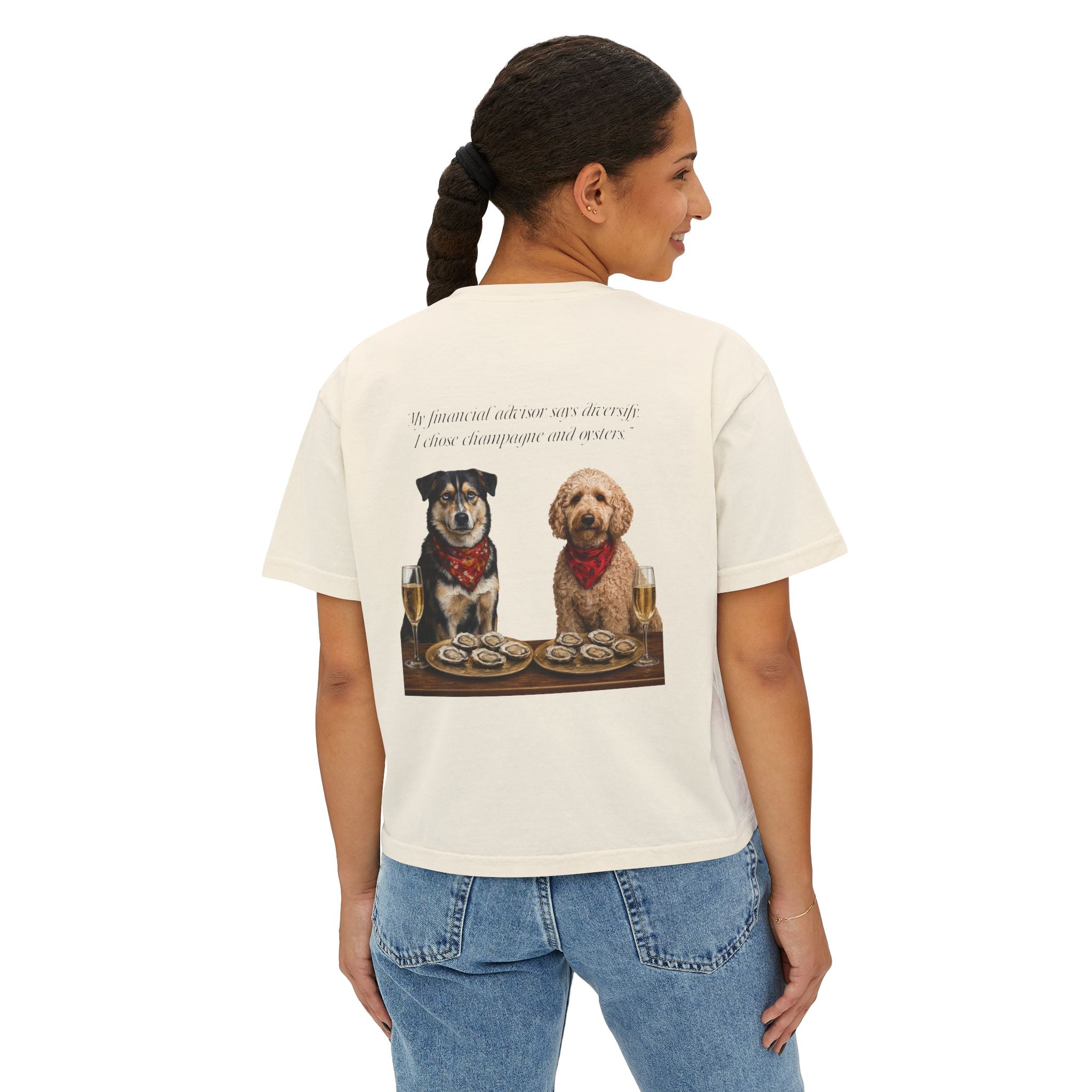 Barnshire CC "Champagne Dogs" Boxy Tee — Cute Dogs & Oysters Graphic