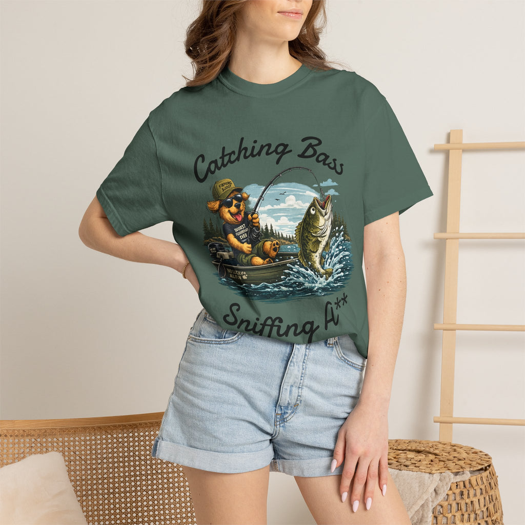 Fishing Dog T-Shirt — Cute Dog Angler in Boat Catching Big Bass