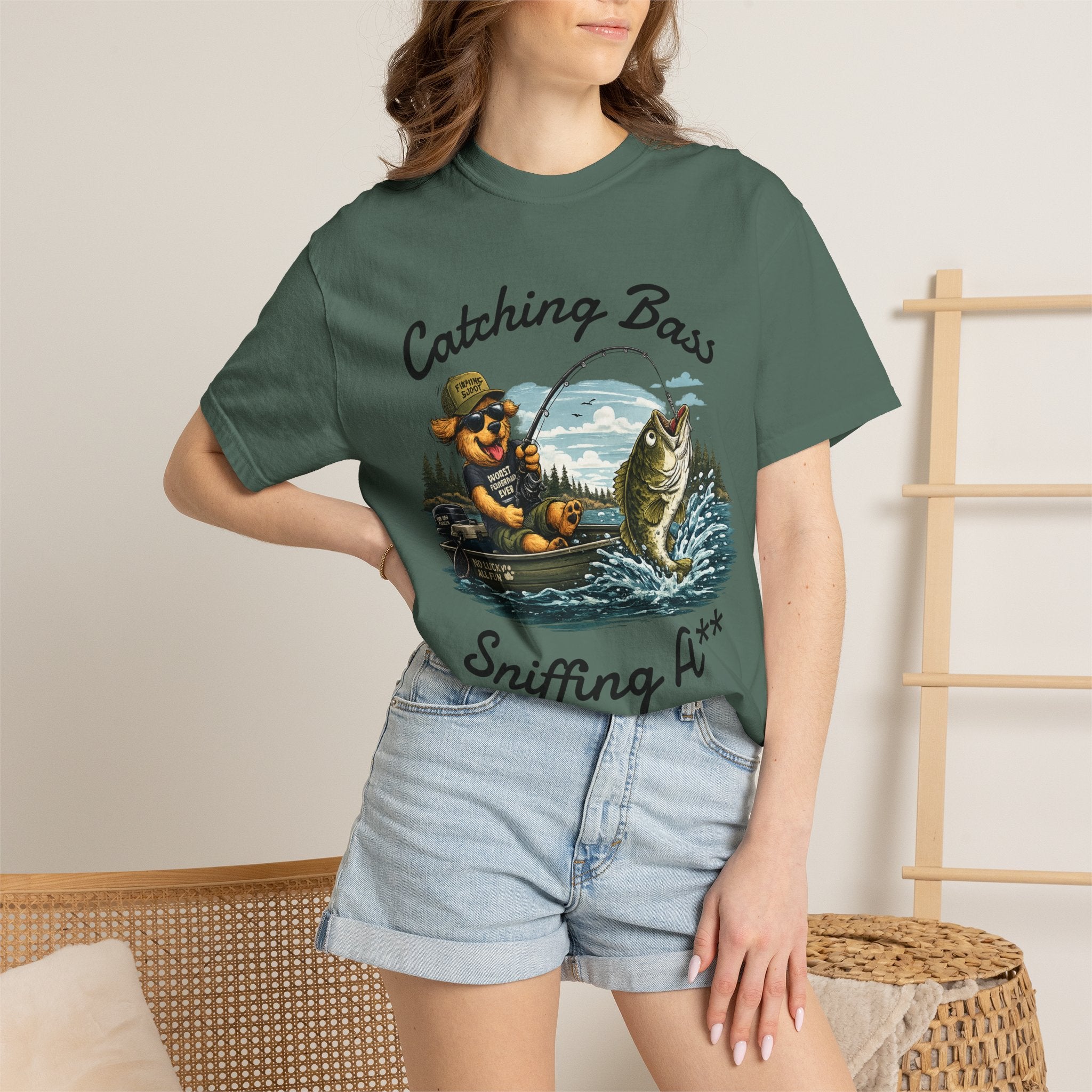 Fishing Dog T-Shirt — Cute Dog Angler in Boat Catching Big Bass